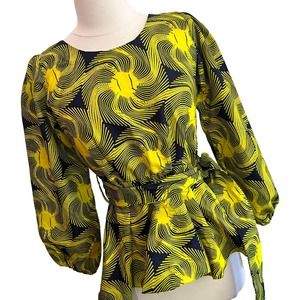 Handmade GS Jochi Fashion  Yellow And Navy Print Peplum Blouse XS